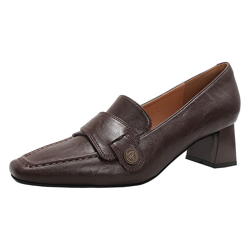 British style small leather shoes high heels 2025 new spring and autumn women's shoes camellia French retro square head thick heels single shoes