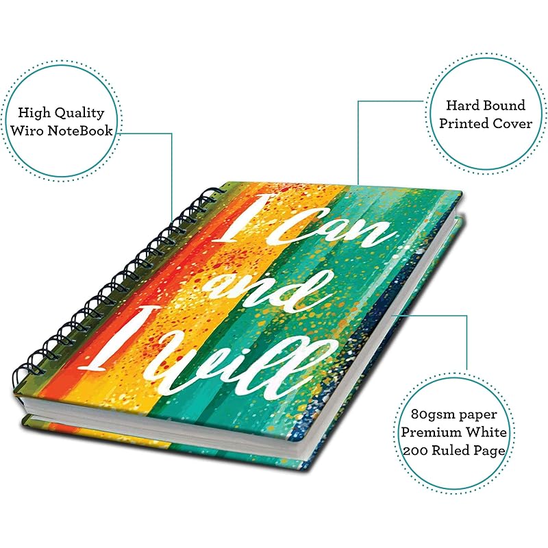 Accuprints Wiro Hard Bound A5 (6 By 9 Inch) Wiro Notebook Diary Ruled 200 Pages-80 Gsm Paper Pattern-I Can I Will