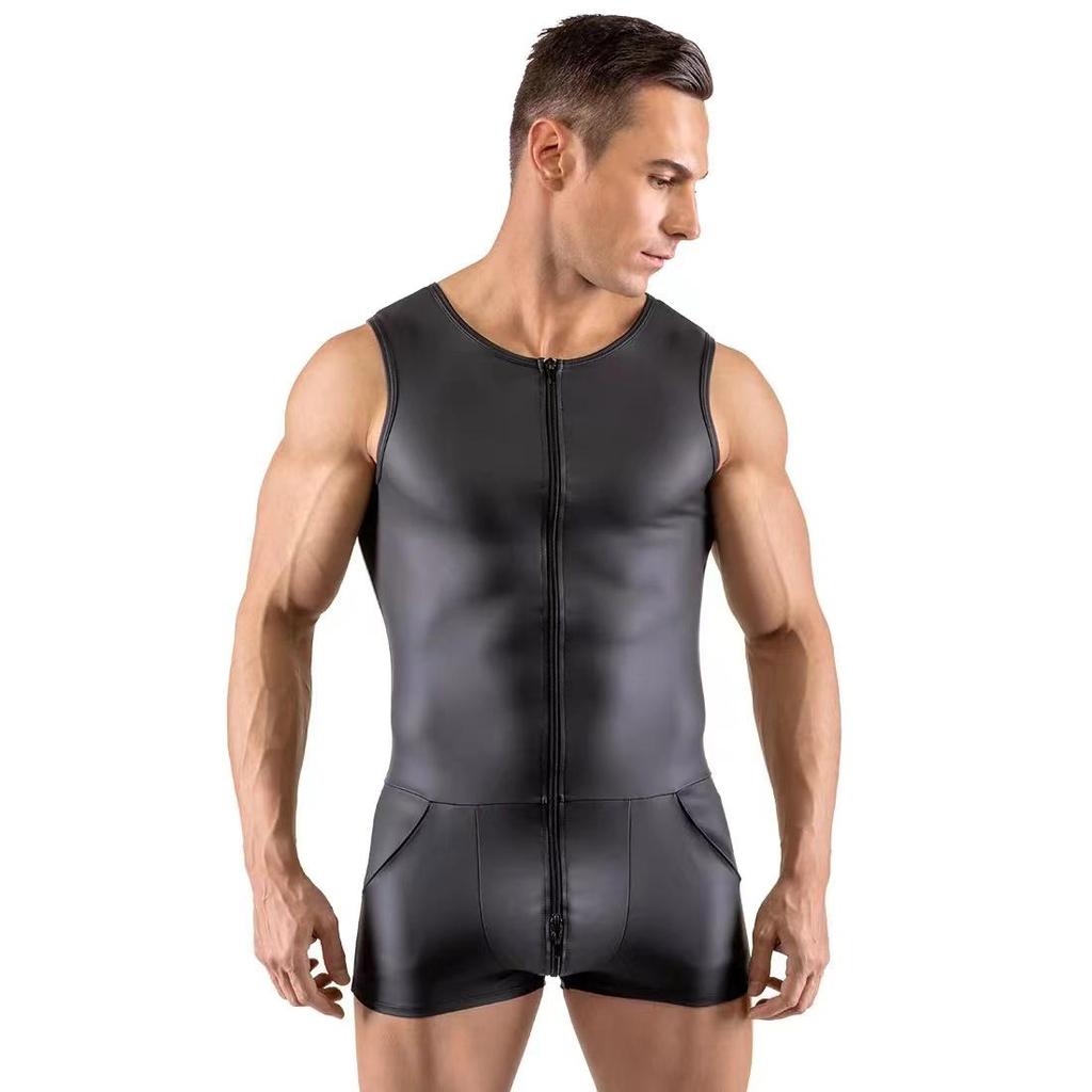 Men's Sexy Patent Leather Jumpsuit with Triple Zippers and Double Pockets - Stage Performance Costume
