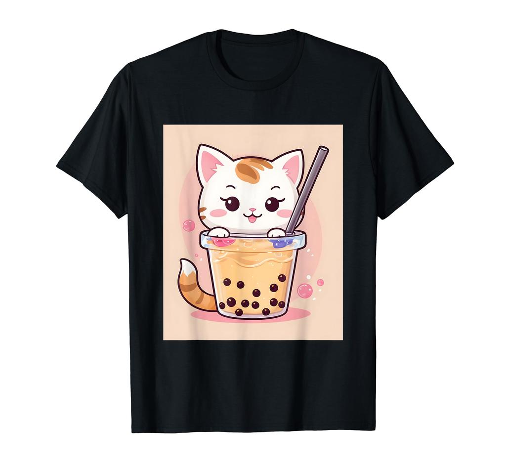 bubble things printed Kawaii, cat, boba, tea, cute, Japanese, T-shirt
