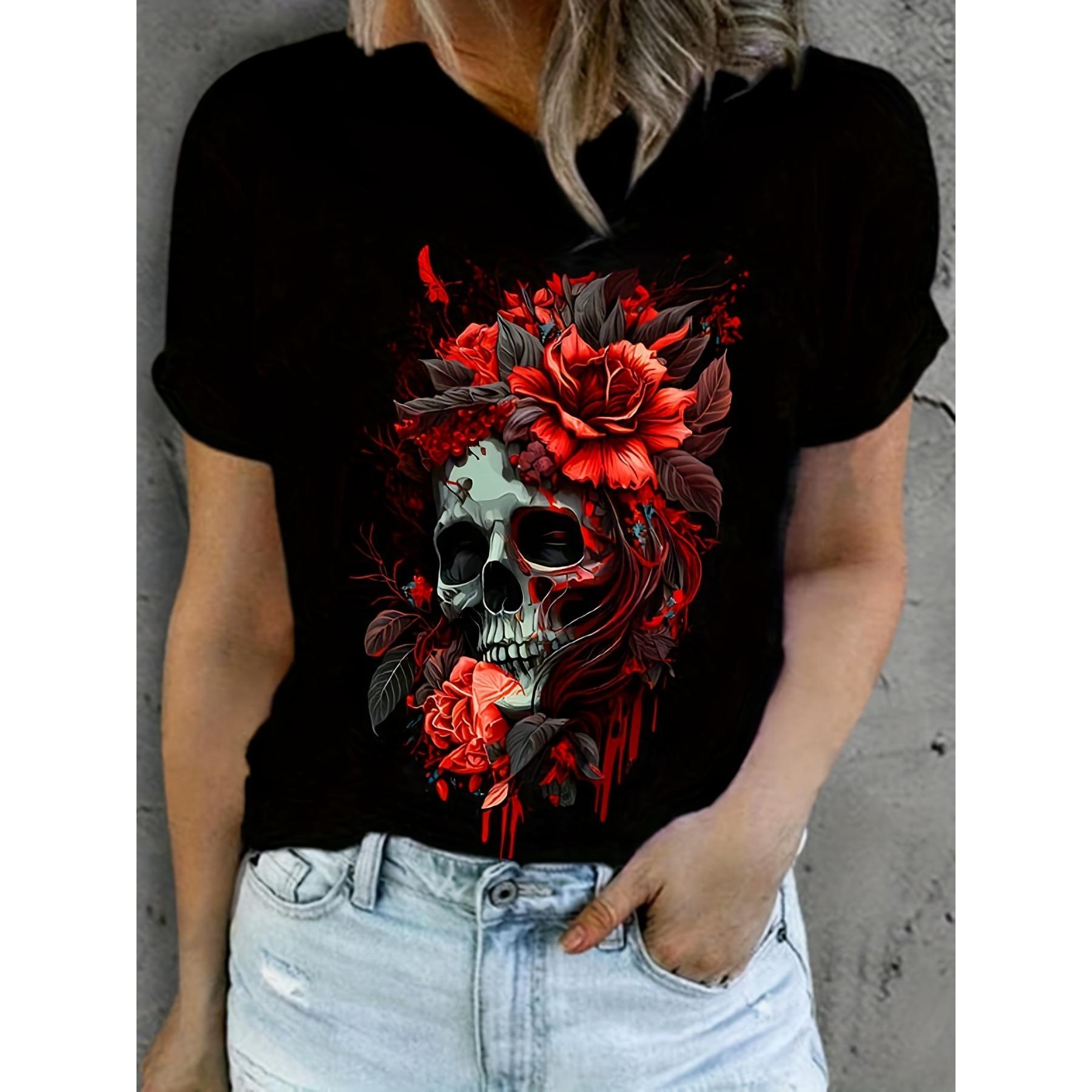 Женская футболка с принтом черепа вампира 3D с коротким рукавом — фото 2