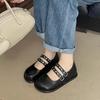 2025 new French retro Mary Jane shoes women's flat bottom one-word buckle with shallow mouth evening shoes patent leather temperament single shoes