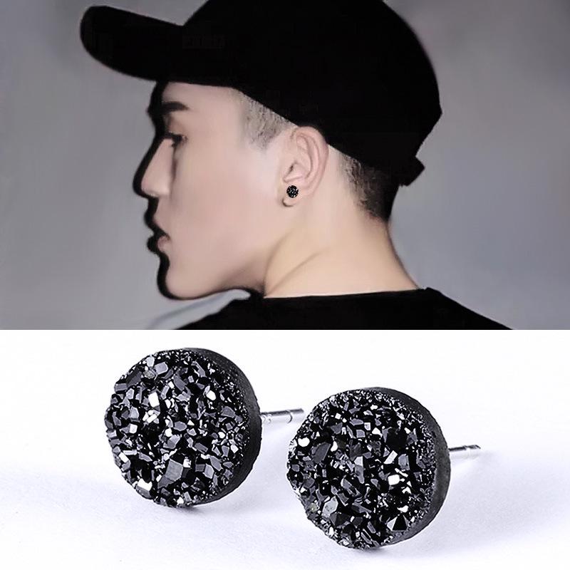 Men's Black Crystal Cluster Earrings - Simple Korean Style with Personality
