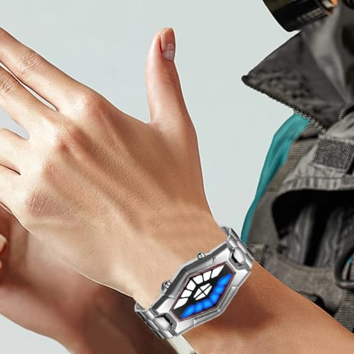 FANMIS Creative Fashion Blue LED Binary Digital Watch for Men, Stainless Steel with Silver Waterproof LED Backlight Bracelet, Silver, LED Binary Watch