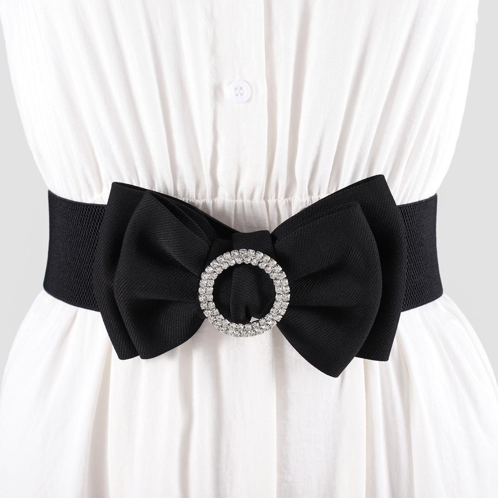 Ladies Xiaoxiangfeng Wide Waist Seal Rhinestone Inlay With Sweater Sweet Bow Elastic Belt Decorative Trench Coat