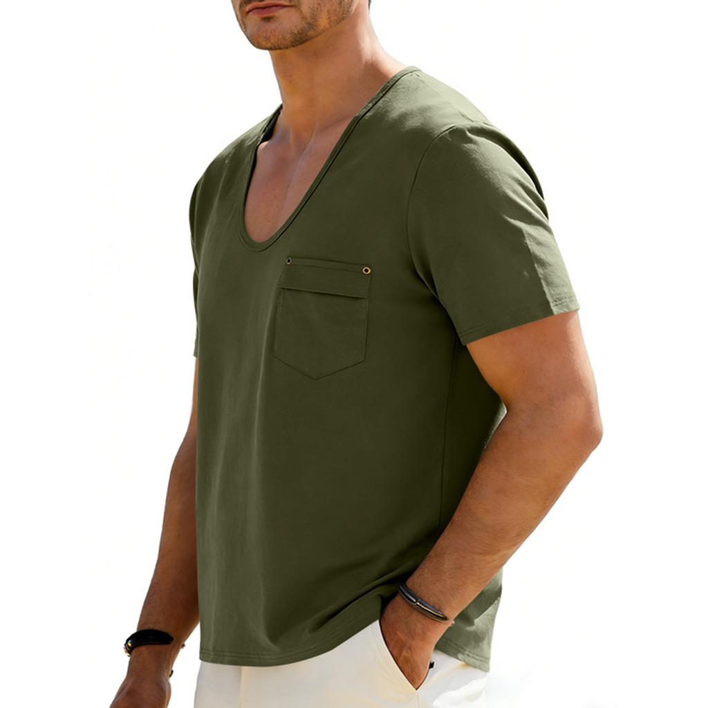 Chemise décontractée à manches courtes et poche cravate à col en U pour homme