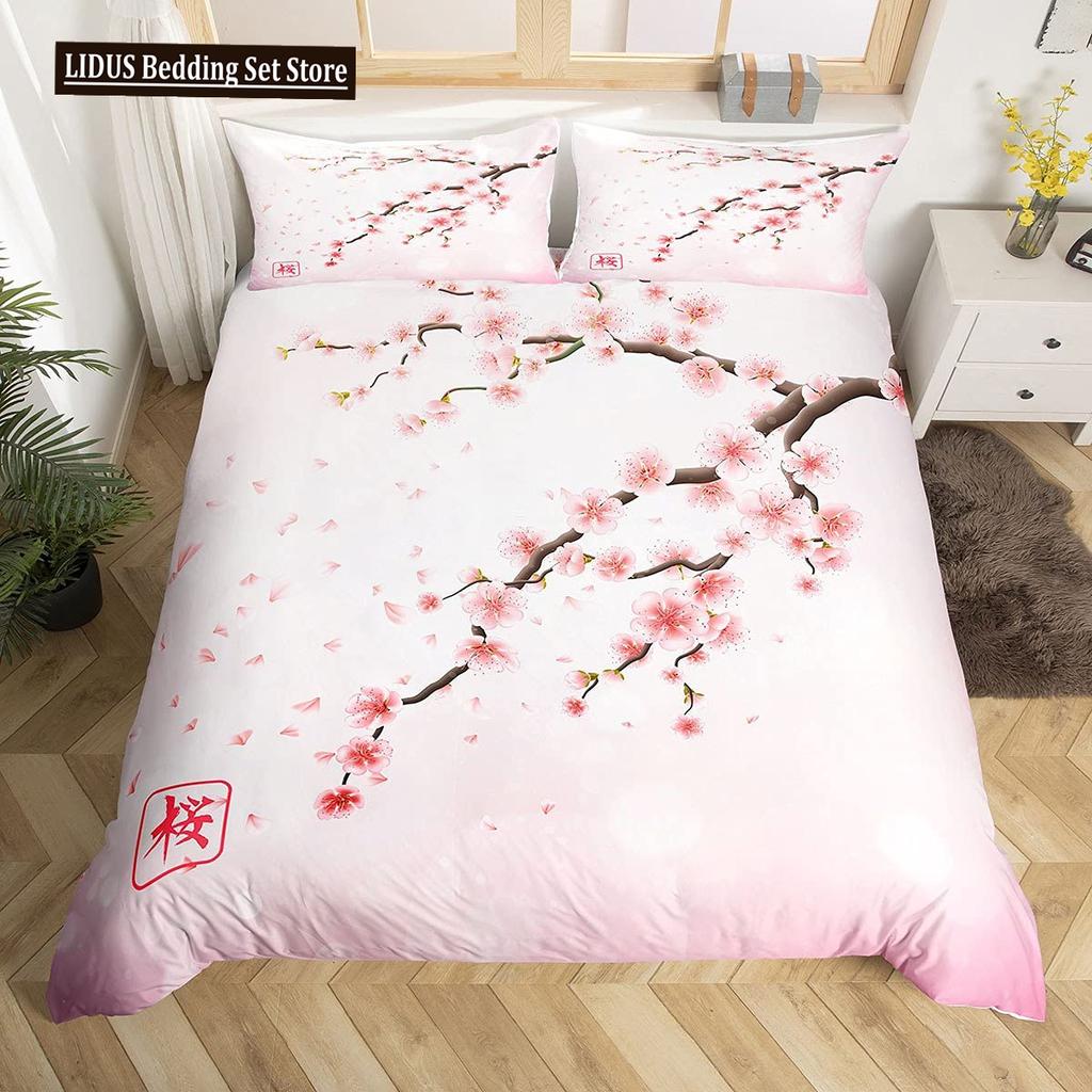 Japanese Duvet Cover Set,Branch Of A Flourishing Sakura Tree Flower Cherry Blossoms Spring Theme Art Japan Bedding Set Full Size