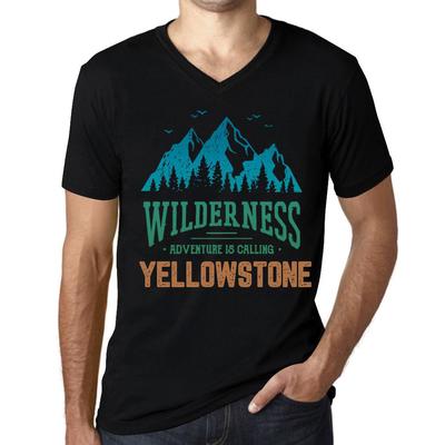 Maglietta vintage da uomo con grafica, scollo a V, Wilderness Yellowstone, nero intenso