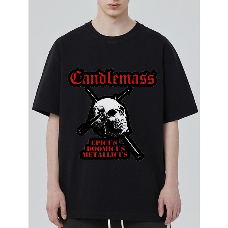 

Чорна футболка з круглим вирізом Candlemass Череп Кістки Епікус Думікус Металікус Логотип гурту Принт Повсякденний Вуличний одяг Унісекс Топ 5XL різнокольоровий