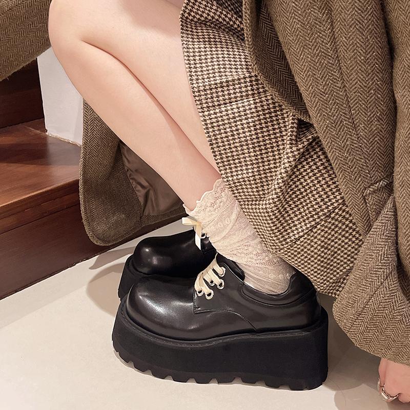 Fashion 2025 New Women's Shoes Platform Footwear Fashion Style All-Match Black Flats Dress Leather Shoes Fashion Thick Sole Shoes