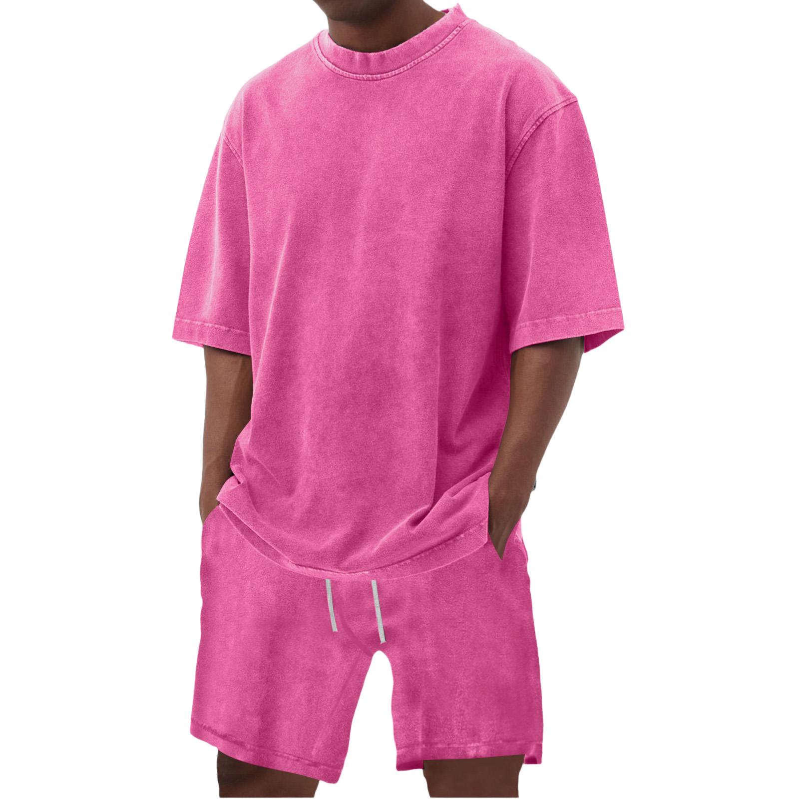

Men s Summer Casual 2-Piece Outfit Round Men s Neck Short Sleeve Tee Shorts Set XL рожевий