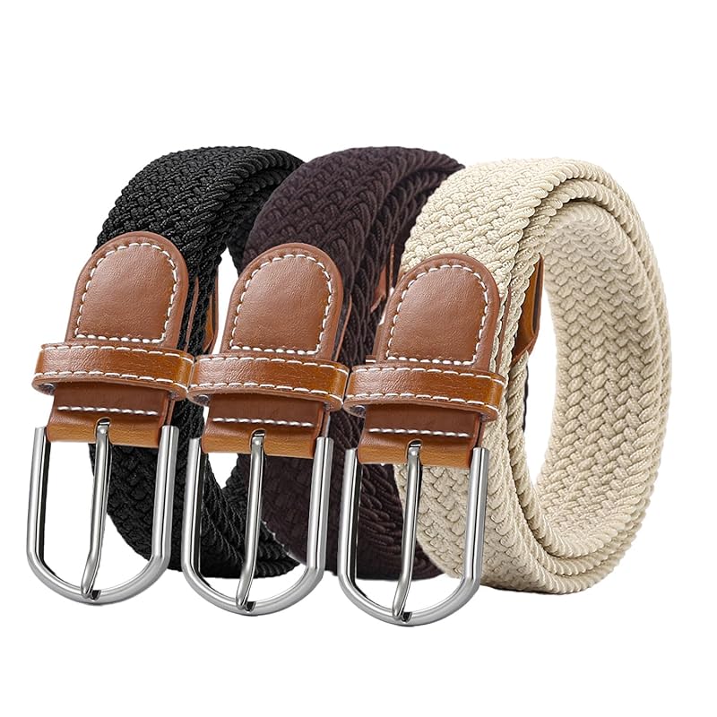 

[RichLuck] мужской ремень 3 упаковки Эластичный трикотажный ремень для мужчин повседневный эластичный ремень С обтянутой кожаной пряжкой мужской женский для джинсов (черный, коричневый, белый)