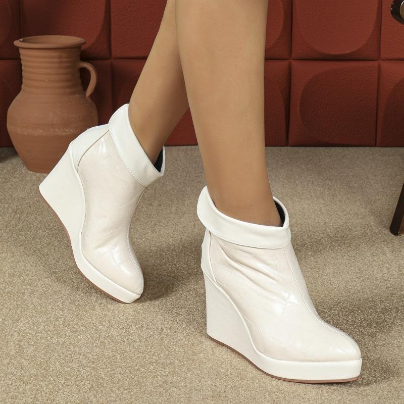 2025 Autumn Early Winter Shoes Women High Heels Boots Pointed toe Fashion Ladies Wedges Shoes 10cm Black White Plus Size 42