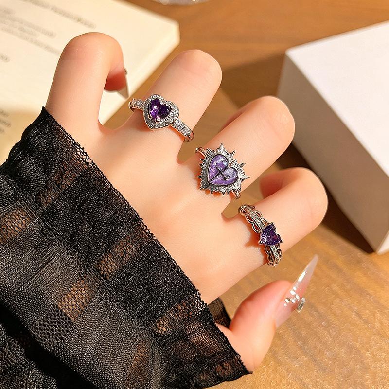 Niche Personality High‑Grade Open Ring Dark Sweet‑Cool Purple Zircon Thorns Heart Spice‑Girl Adjustable Stack‑Wear Index Finger Jewelry