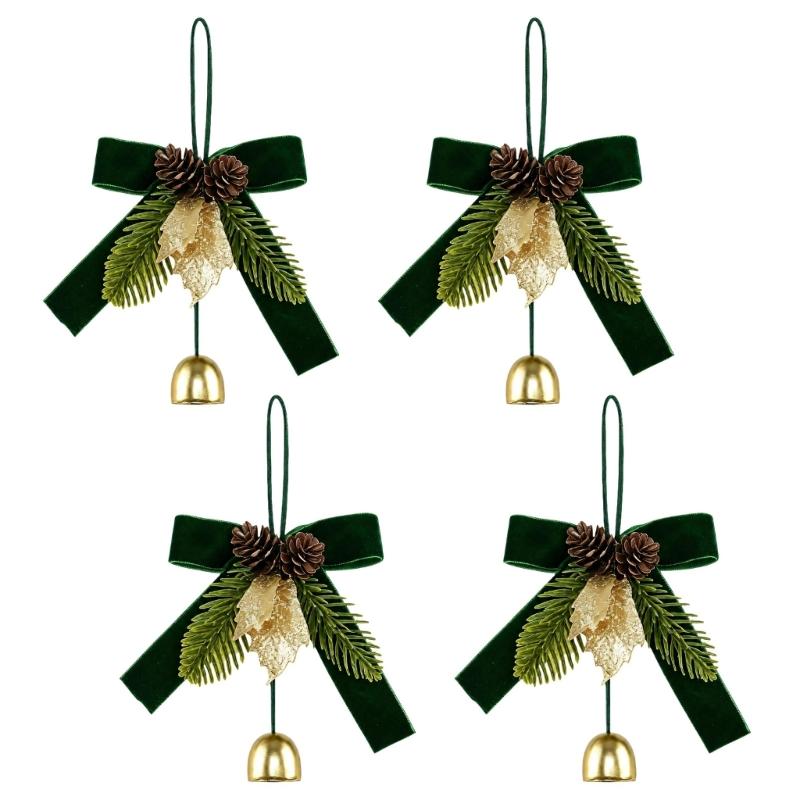 Christmas Tree Decoration Set of 4 Bowknot Bells Ornament with Pinecones, Foliage, Gilded Leaves, and Hanging Cord