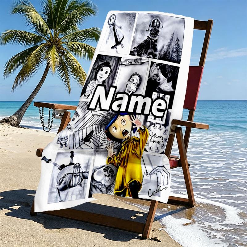 Custom Name Personalized Coraline Print Beach Towel, for Trip Camping Beach Party Home Decor, Birthday Gift for Family & Friends