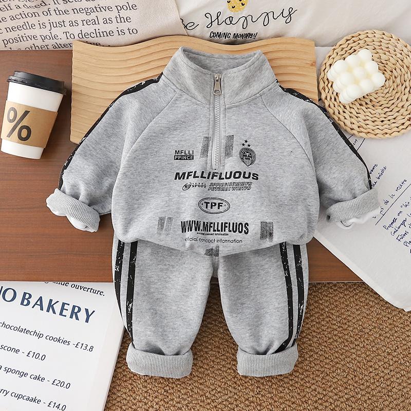 

Boys long sleeved 2-piece set, Autumn children s fashionable letter printed hoodie set, High-quality clothes for boys S серый