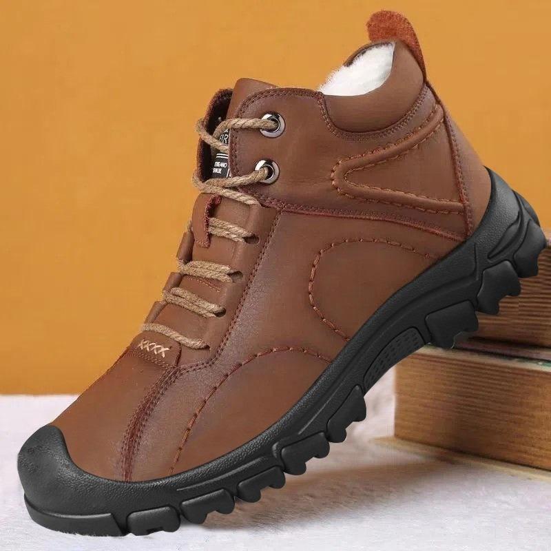 Winter Men's Shoes Fleece Thickened Casual Trend Leather Shoes High Top Leather Surface Outdoor Sports Snow Boots