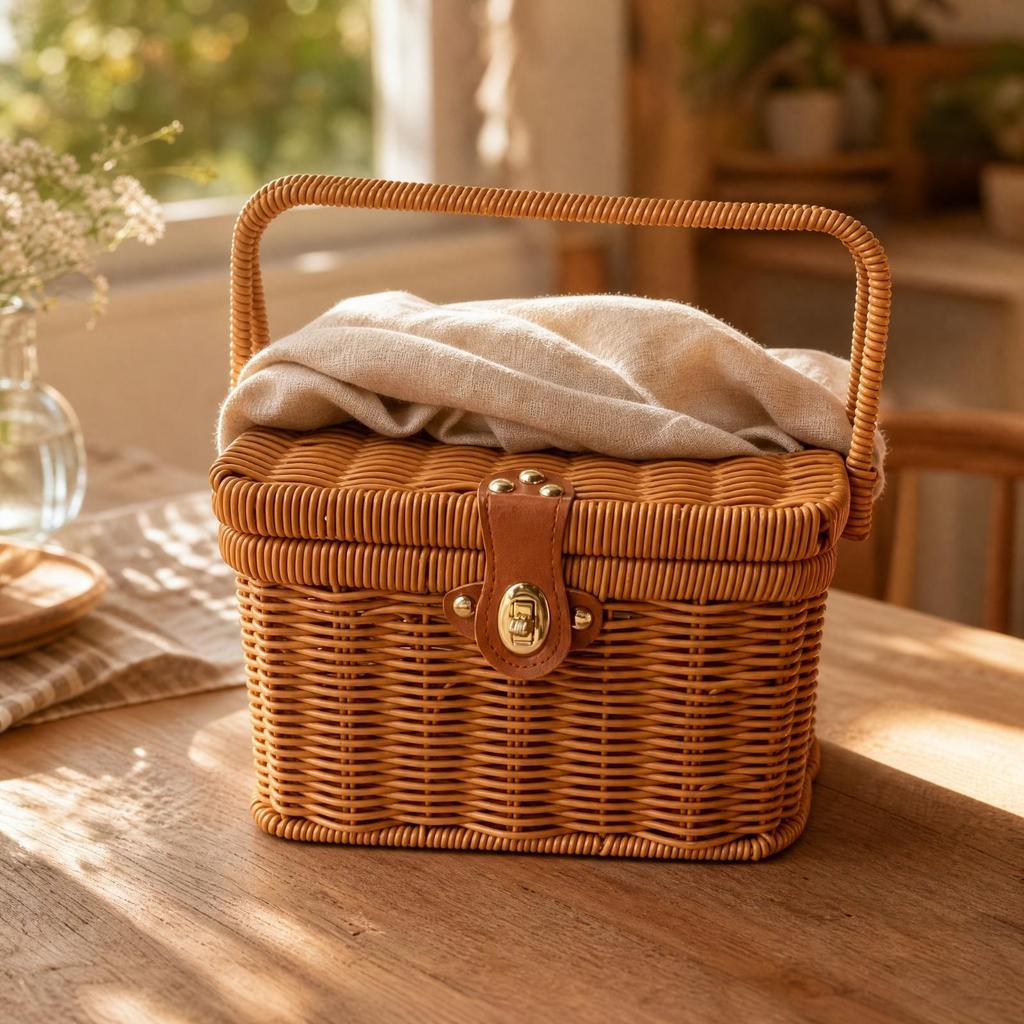 Rectangular Lidded Wicker Basket Sturdy Woven Container with Handle Easy