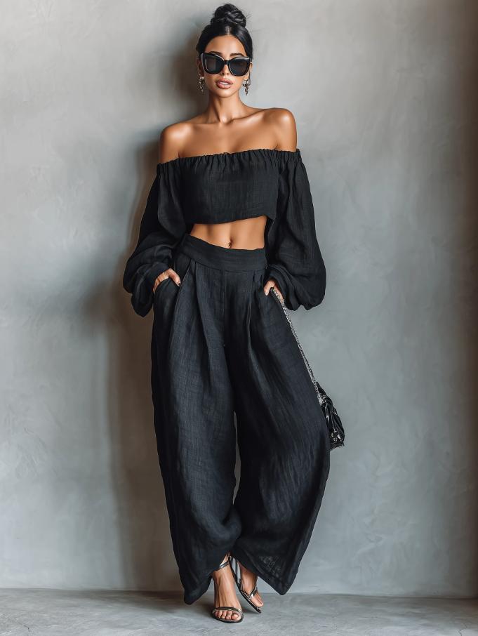 

Elegant Solid Color One-Shoulder T-Shirt and Pants Two-Piece Set 2026 Europe. XL чорний