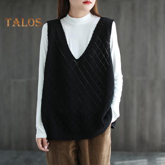 Spring Fall Women Vest Knitted Sweater Retro V Neck Loose Sleeveless Solid Color Pullover Hollow Out Rhombus Texture Daily Wear Top