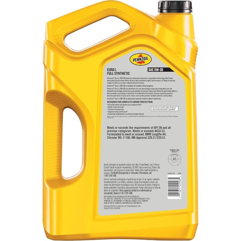 

Pennzoil Platinum Euro L Повністю синтетична моторна олива 5W-30, 5 кварт, 3 шт. Високопродуктивний захист двигуна для європейських автомобілів