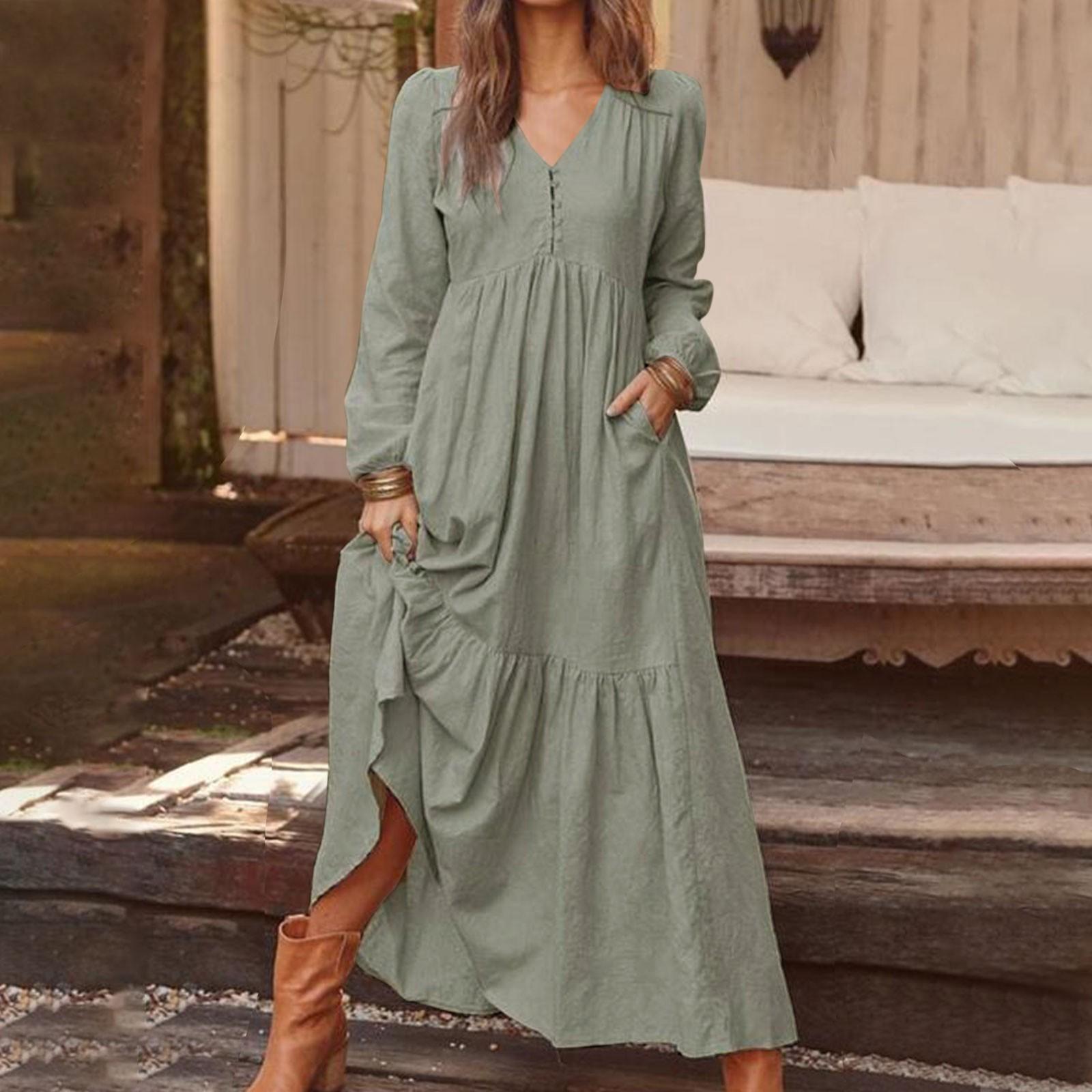 Women s Button Down Cotton Linen Vintage Casual Long Sleeve Dress S
