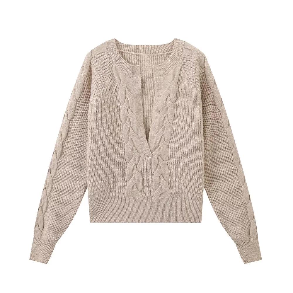 

Французский повседневный свитер в рубчик с глубоким V-образным/круглым вырезом, длинными рукавами и кабельным узором Small хаки