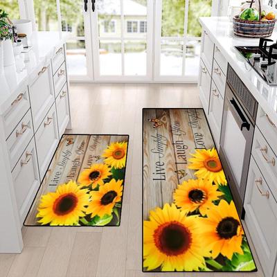 Set de Alfombra de Cocina Floral de Primavera de Girasol y Felpudo - Dos Piezas