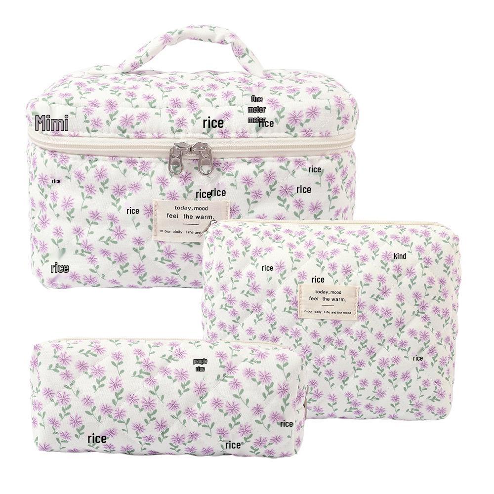 Large-Capacity Quilted Cotton Floral Makeup Bag - Portable and Cute for Travel or Student Use