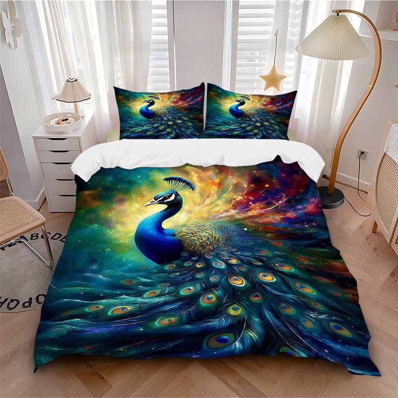 3pcs Peacock with Colorful Feathers Printed Quilt Set - Includes 1 Quilt Cover and 2 Pillowcases, Machine Washable - Suitable for All Seasons.J07