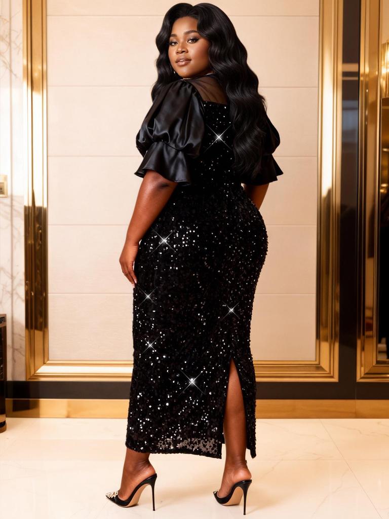 Plus Size Women's Black Sequin Dress with Puff Sleeves and 3D Floral Embroidery - Elegant Banquet Gown