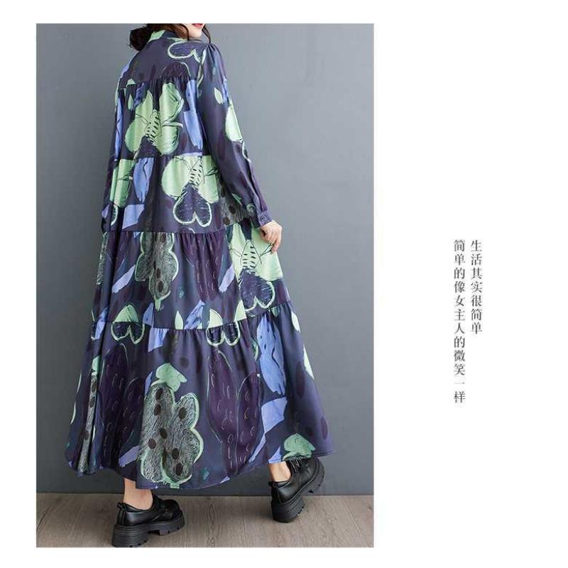Loose and Thin Fashion Long-sleeved Printed Mid-length Dresses