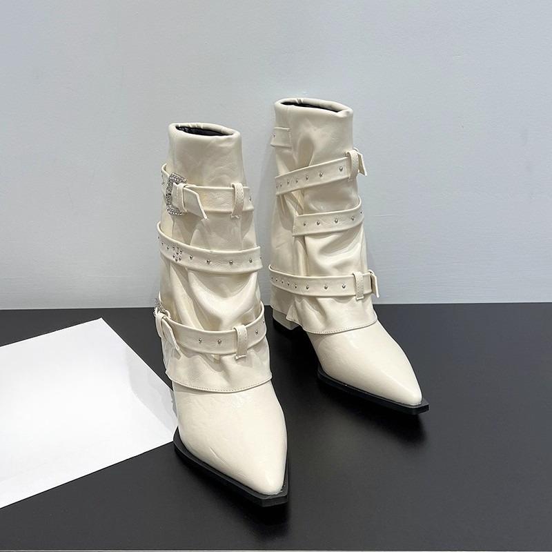 Studded Block Heel Single Boots Autumn New Pointed Toe Metal Buckle Anti-slip Wear-resistant Mid-tube Boots