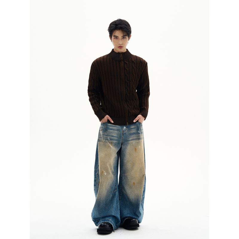 Kisko American Retro Twist Pattern Lazy Knitted Sweater for Men and Women Niche Design Autumn and Winter Casual Cardigan Jacket