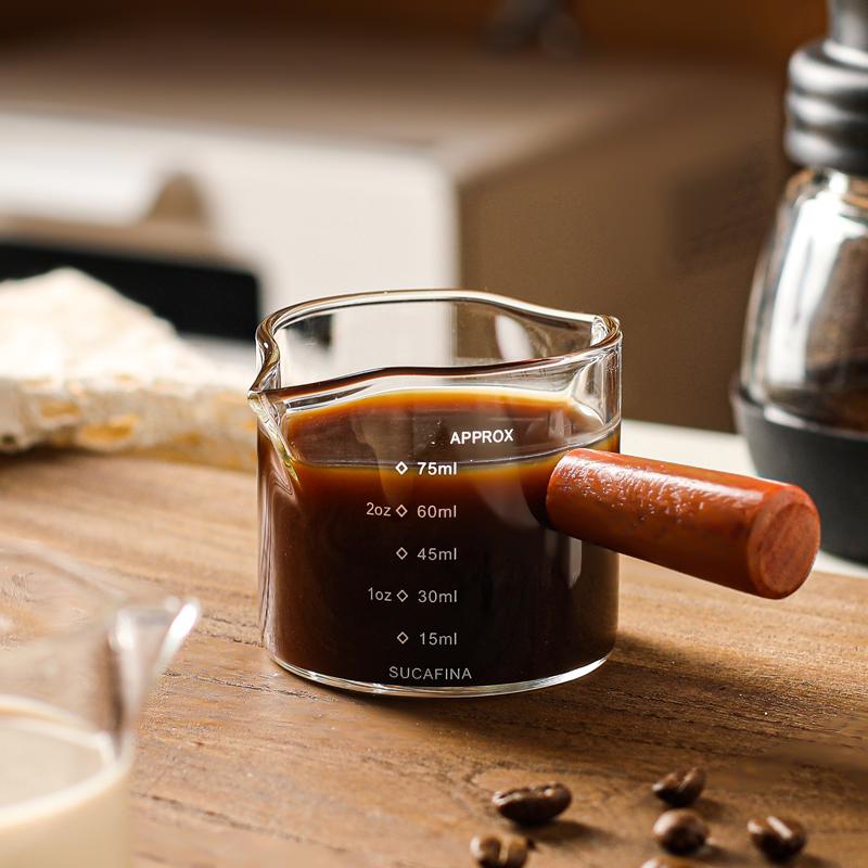 Exquisite Wooden Handle Espresso Glass Measuring Cup