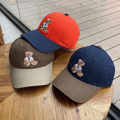 New Color Blocking Bear Embroidered Baseball Cap Korean Sweet and Cute Versatile Baseball Cap Big Head Circumference Wide Brim Showing Small Face