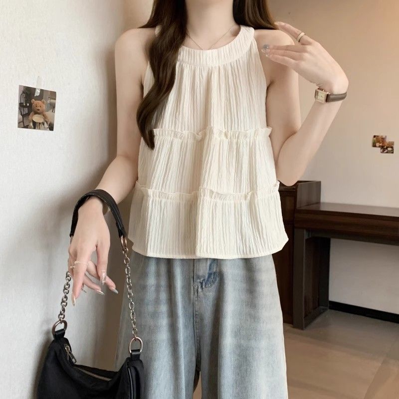 Summer Sexy Tank Tops Sleeveless Tops French Korean Clothes Solid Hanging Neck Top Casual Shirt for Women Elegant