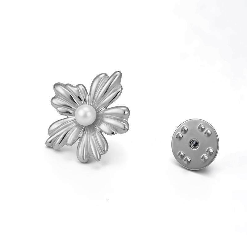 Womens Jewelry Four Petal Flower Brooch French Style Stainless Steel Gold Color Trendy Pin for Wedding Office Gift