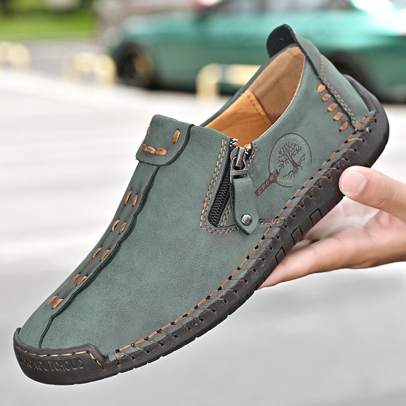 Large Size Spring And Autumn New Style Casual Shoes For Men's Large Size Beans Shoes Hand-Sewn Leather Shoes Casual Flat Bottom