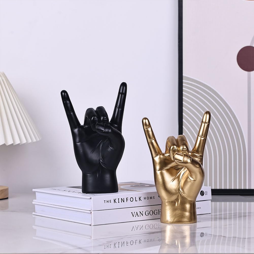 QIANLING 7.7" Gold Resin Rock On Hand Gesture Statue - Rock Culture Music Lovers' Decorative Tabletop Sculpture for Bookshelf, Desk & Mantel Decor in