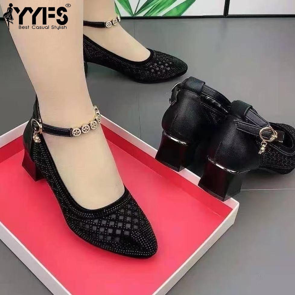 Women Rhinestone Pumps Ladies Elegant Mesh Sandals Breathable Soft Sole Chunky Mid Heel Sandals Loafers
