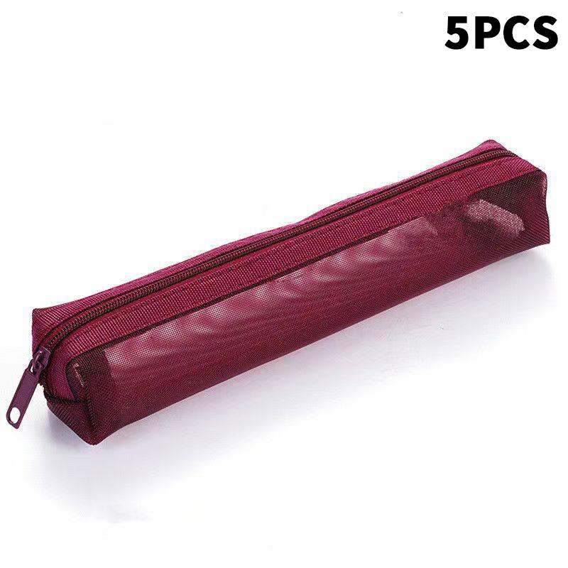 5Pcs Vintage Solid Color Mesh Pencil Case Portable Stationery Storage Pouch School Stationery Supplies Student Gifts