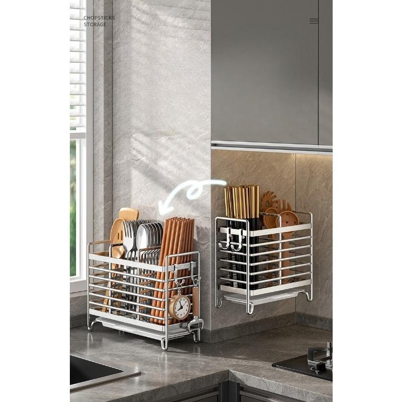 Stainless Steel Chopstick Holder with Hole-free Wall-mounted Storage Basket for Tableware and Spoons for Draining Water