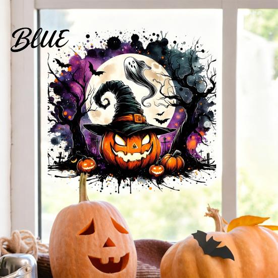 Waterproof Holiday Glass Stickers Halloween Static Window Clings Watercolor Pumpkin Ghost Skull Decals No Spooky Decals for Party Glue Living