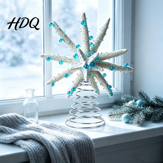 Coastal Holiday Tree Decorations Beach Starfish Christmas Topper 6 Inch Nautical Treetop Topper Ornament Ocean Style Decoration for Xmas Party Home
