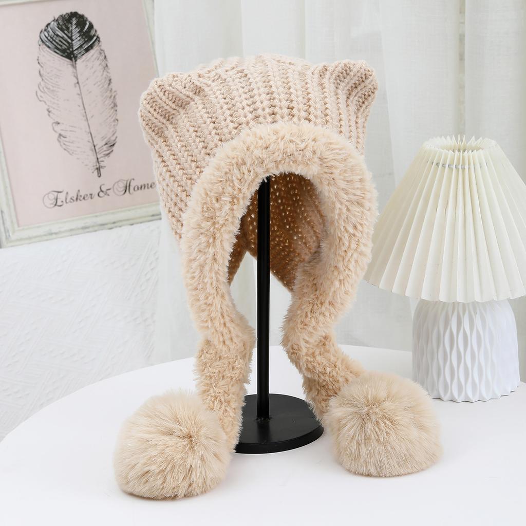 The New Autumn and Winter Cat Ear Double Tail and Two Wool Knitted Cap Is Windproof Ear Protecting  Warm Fashionable  Versatile and Cute Woolen Cap
