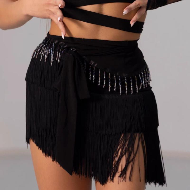 Abito da Danza Latina in Pizzo per Donne Nero Top a Manica Singola Set Gonna con Frange Costume per Allenamento Cha Cha Danza Samba Rumba Performance