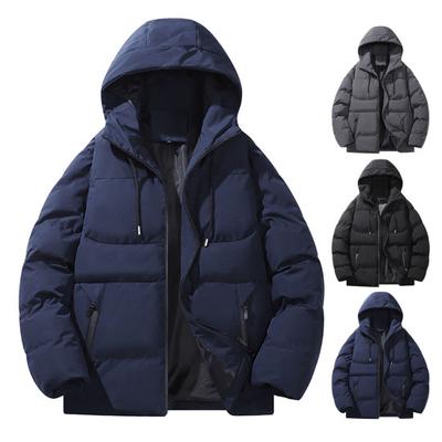 Winter Men Cotton Coat Thickened Padded Zip Up Zipper Pockets Warm Long Sleeve Loose Smooth Windproof Heat Retention Hooded Drawstring Men Down Coat