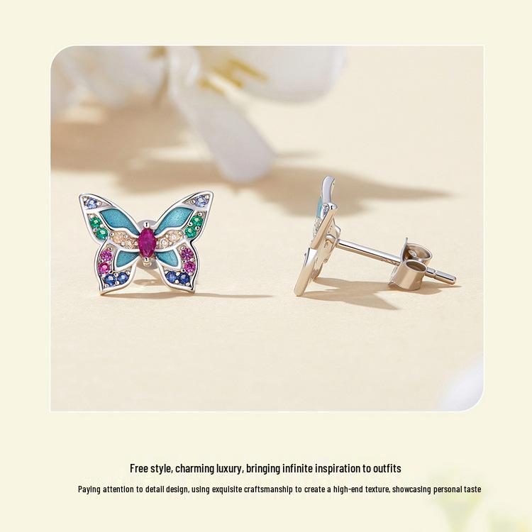 Silver Ziyun S925 Sterling Silver Colorful Butterfly Earrings for Women - Spring Design